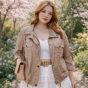 Korye Womens 1X Taupe Utility Field Jacket Faux Suede Zip Snap Brown